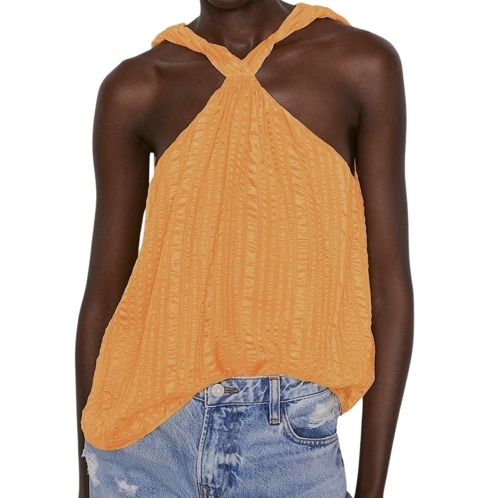 NEW Frame 100% Silk Twisted Neckline Draped Halter Top in Kumquat Yellow Sz. M